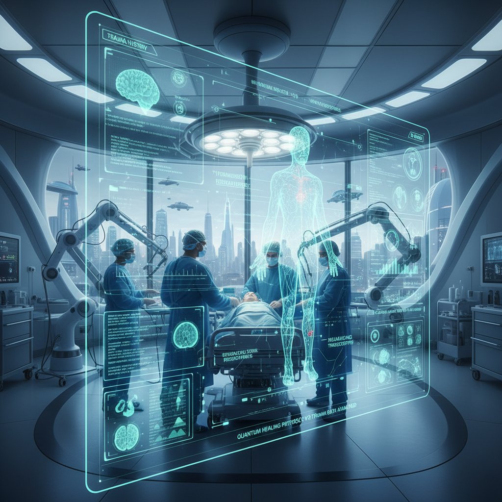 Interfejs AI analizujący dane urazowe, futurystyczny szpital, cyfrowa warstwa, innowacyjność