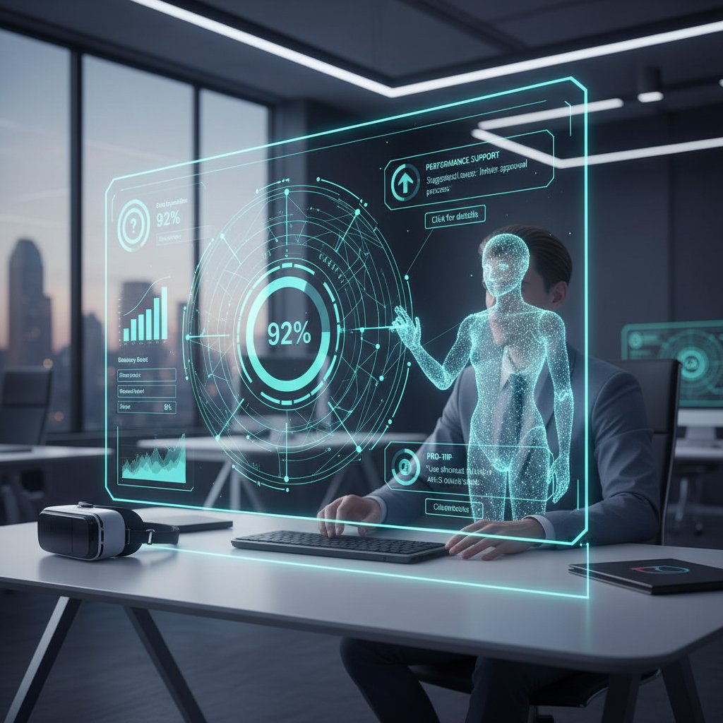 Close-up of an AI assistant guiding an office worker with contextual support, modern interface, performance support theme
