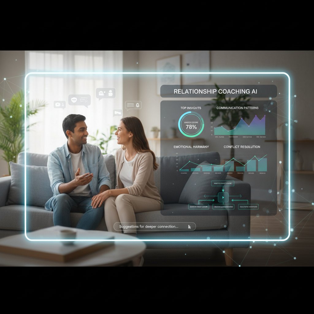 AI interface overlaying a couple's chat conversation, highlighting personalized data insights, for relationship coaching