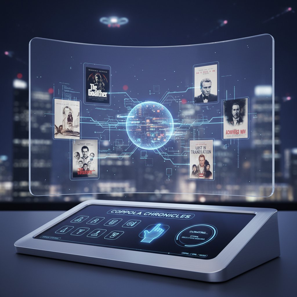 Futuristic AI interface curating Coppola films, narrative-driven, high-tech, sleek design