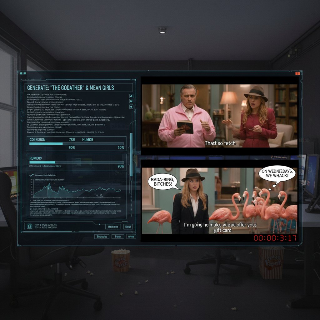 Artificial intelligence blending scenes from classic comedies, illustrating movie recontextualized comedy movies with AI technology