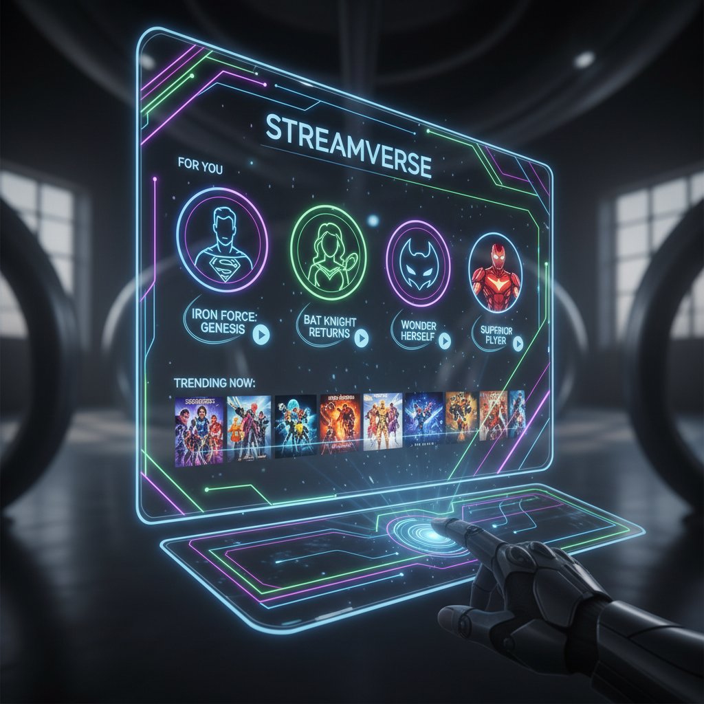 An AI-powered streaming dashboard suggesting DC movies, AI interface, futuristic streaming recommendations, superhero icons, sleek UI