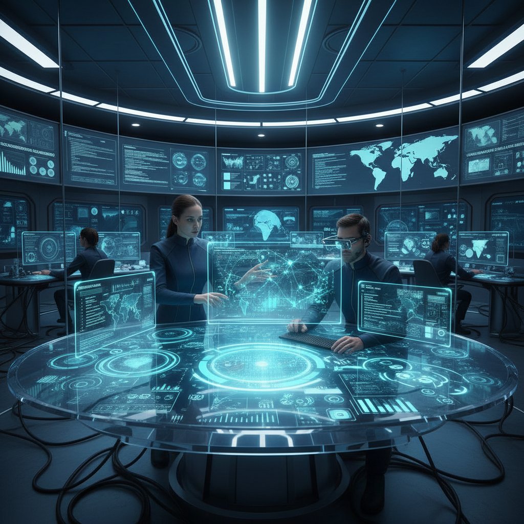 Futuristic AI interface collaborating side-by-side with a human executive coordinator in a vibrant modern office