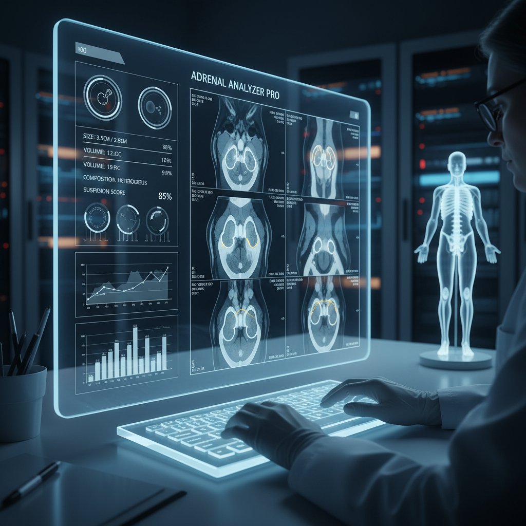 Sztuczna inteligencja analizuje skany medyczne nadnerczy, ekran z obrazem MRI