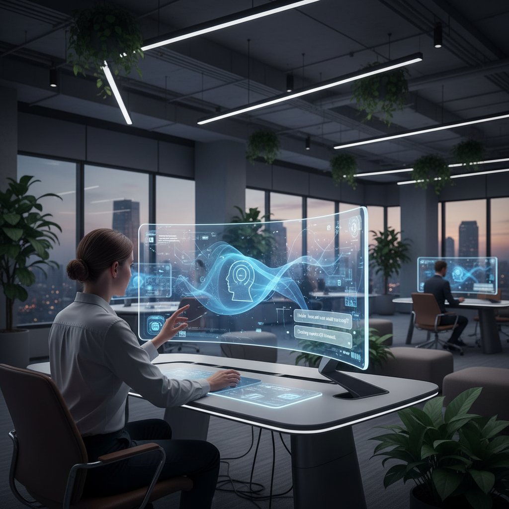 Nowoczesny interfejs AI na tle biura, pracownik rozmawia z asystentem AI na ekranie