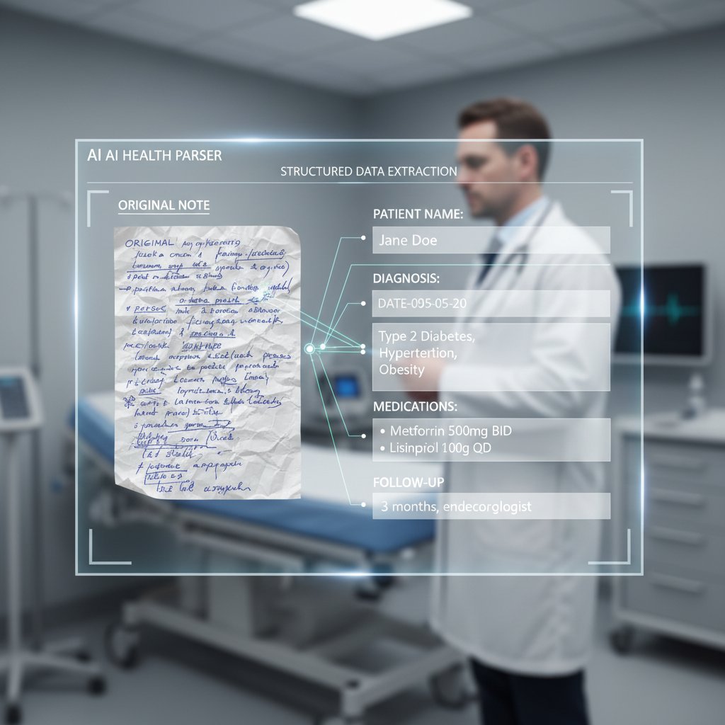 Close-up photo of AI interface parsing handwritten doctor note into digital structured data