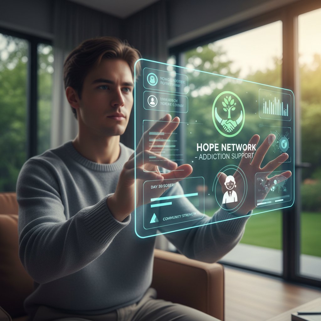 Nowoczesny interfejs AI, osoba korzystająca z aplikacji wspierającej terapię uzależnień