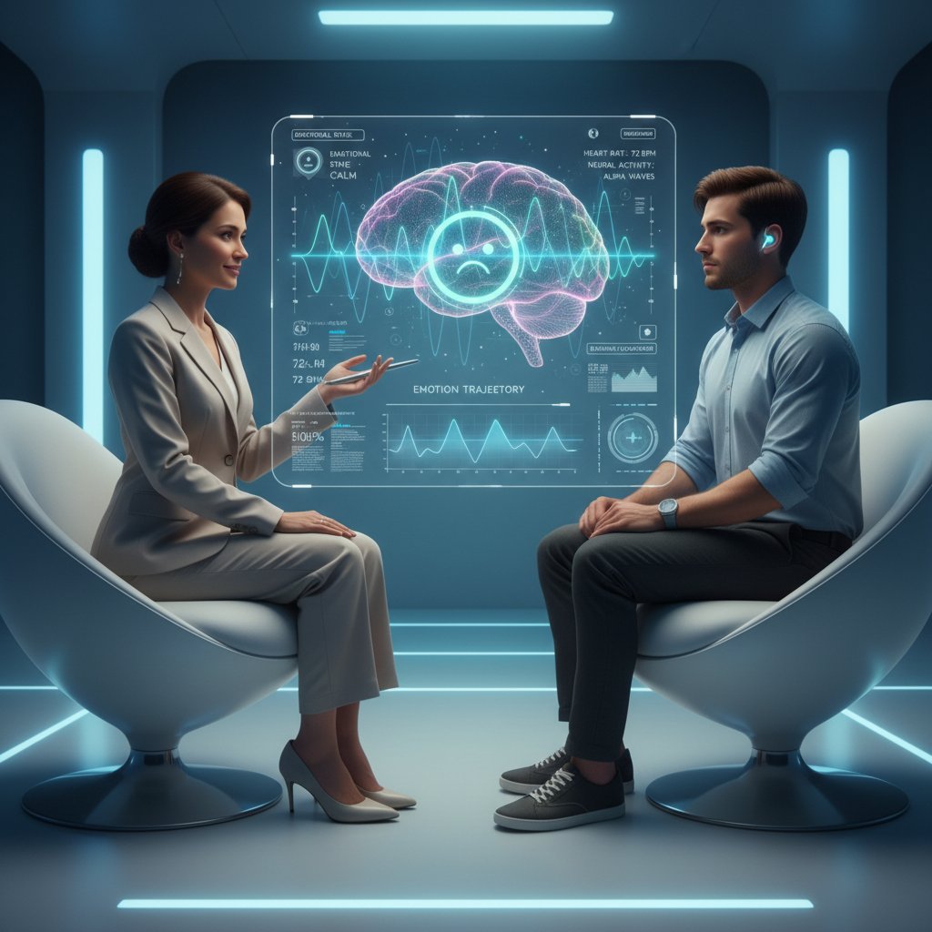 Nowoczesny interfejs AI analizujący emocje użytkownika w czasie rzeczywistym, symbolizujący przyszłość terapii