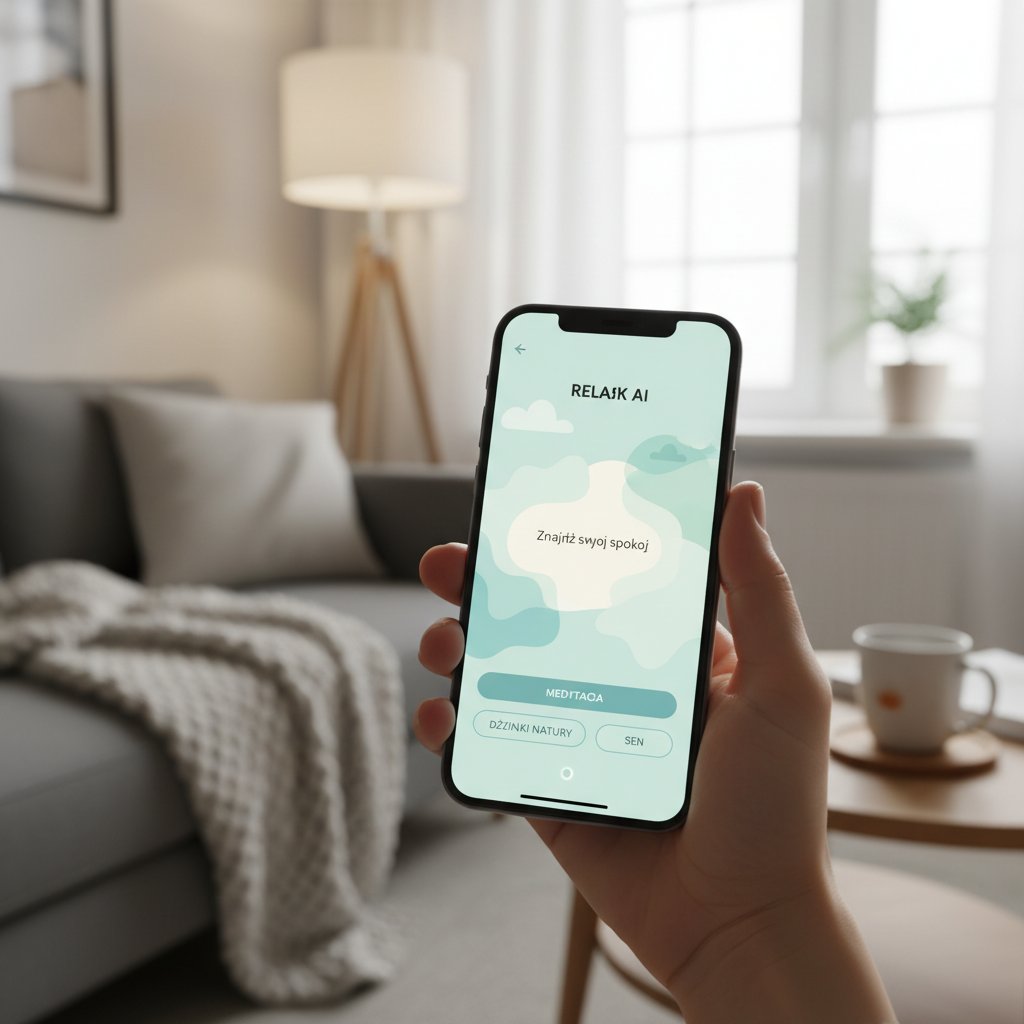 Polska aplikacja AI do wsparcia osób z autyzmem na smartfonie, nowoczesny interfejs, relaksacyjny design