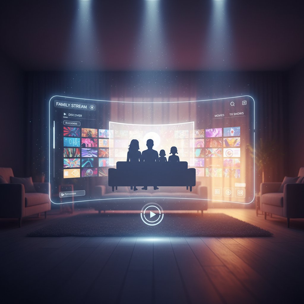 Stylized AI interface hovering over streaming app, swirling data points, family silhouettes in background, cinematic lighting