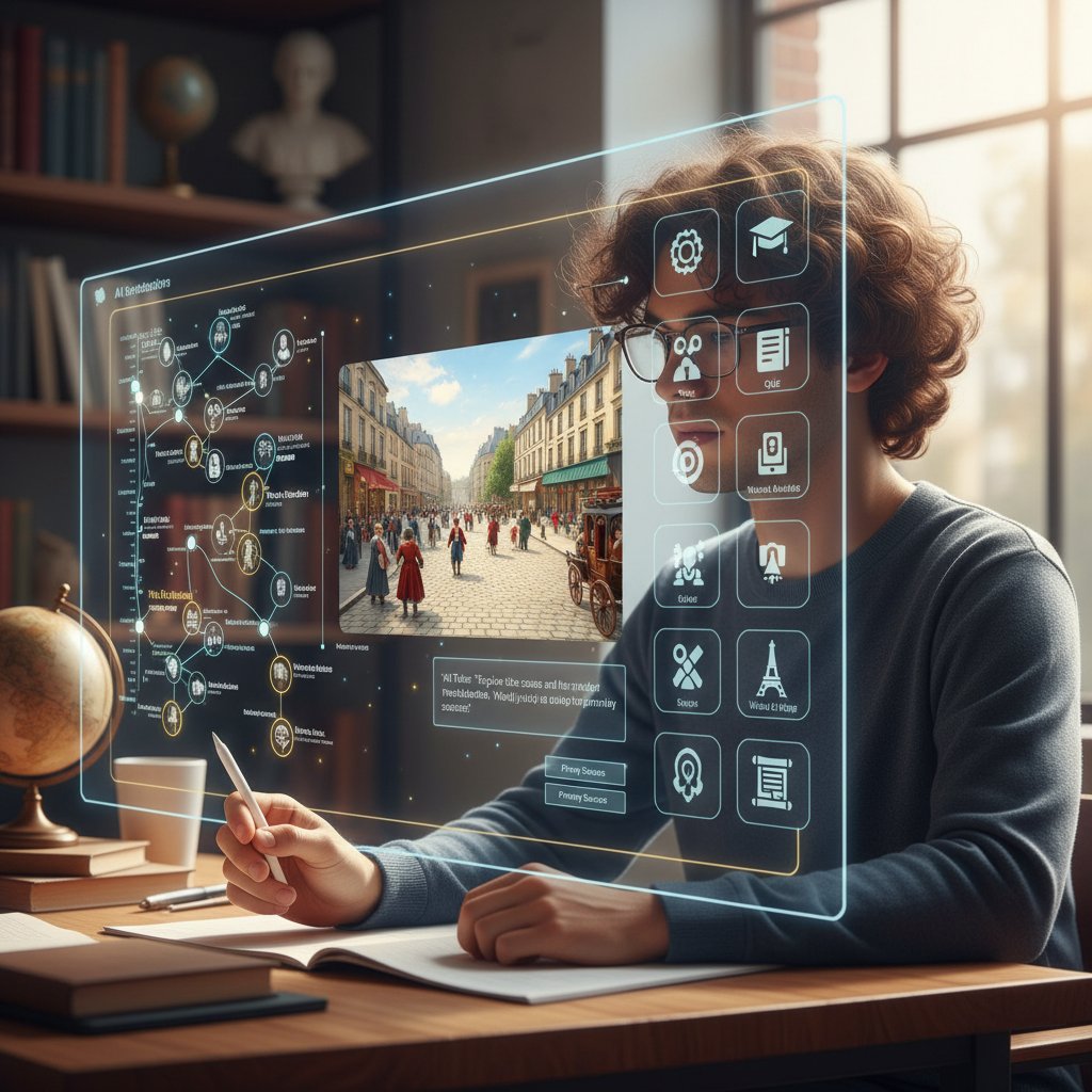 Sztuczna inteligencja wspierająca naukę dwudziestolecia na nowoczesnym interfejsie, student korzystający z AI