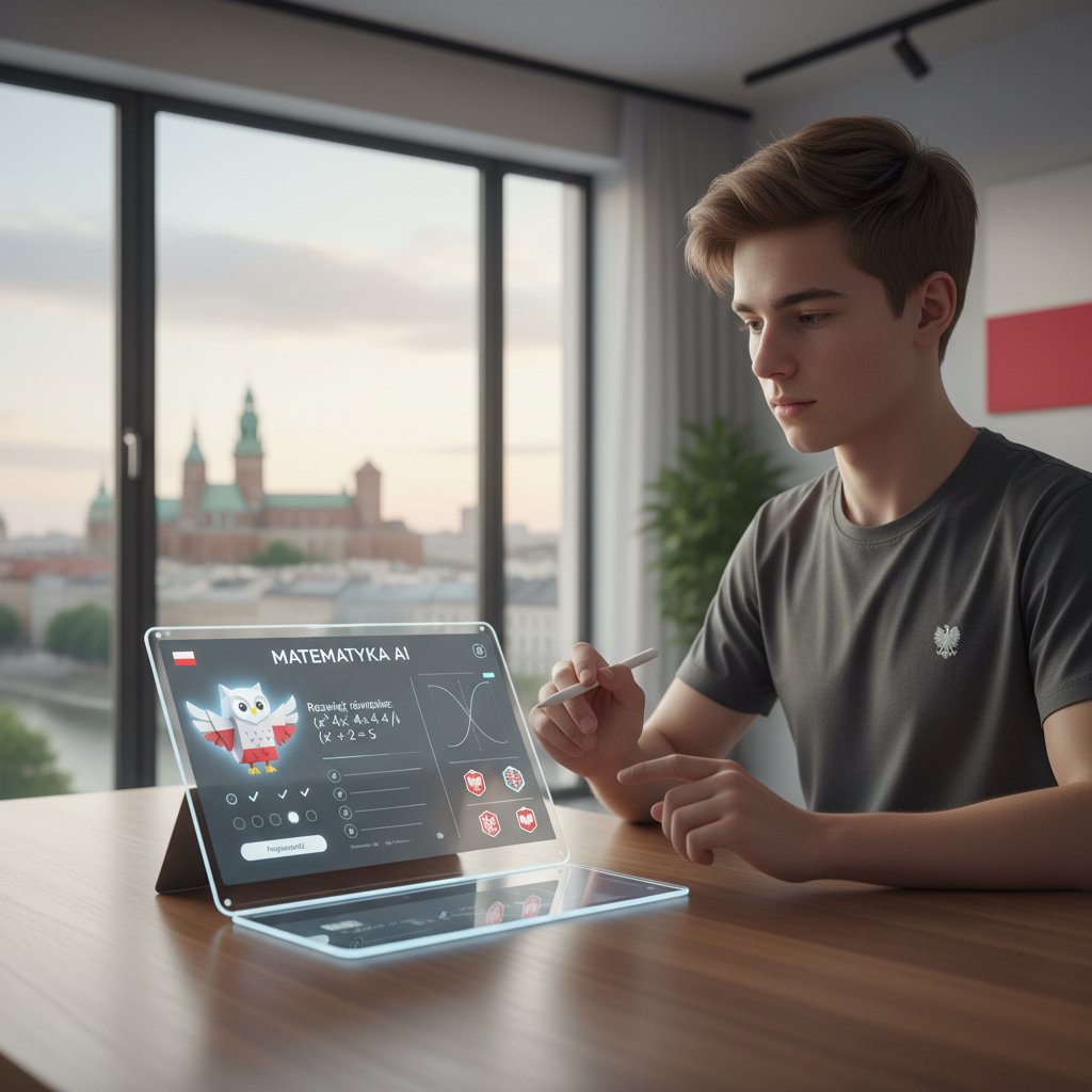 Nowoczesny interfejs AI wspierający naukę matematyki, licealista korzystający z aplikacji
