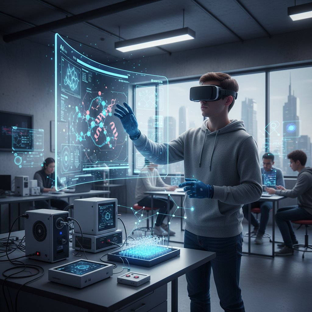 Nowoczesny interfejs AI wspomagający naukę chemii fizycznej – student przy komputerze, cyfrowe wykresy i wzory