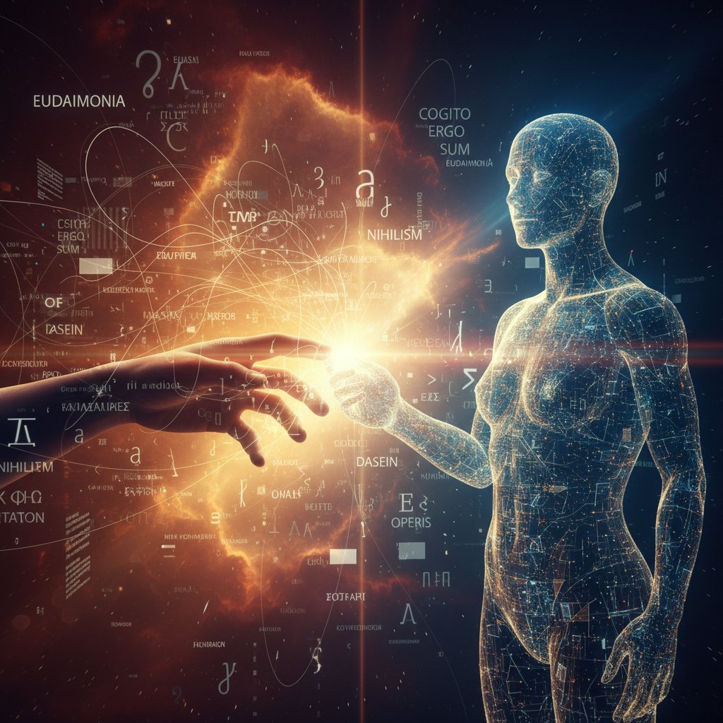 Sztuczna inteligencja prowadząca filozoficzną rozmowę online z człowiekiem, ciepła futurystyczna scena, wysoki kontrast