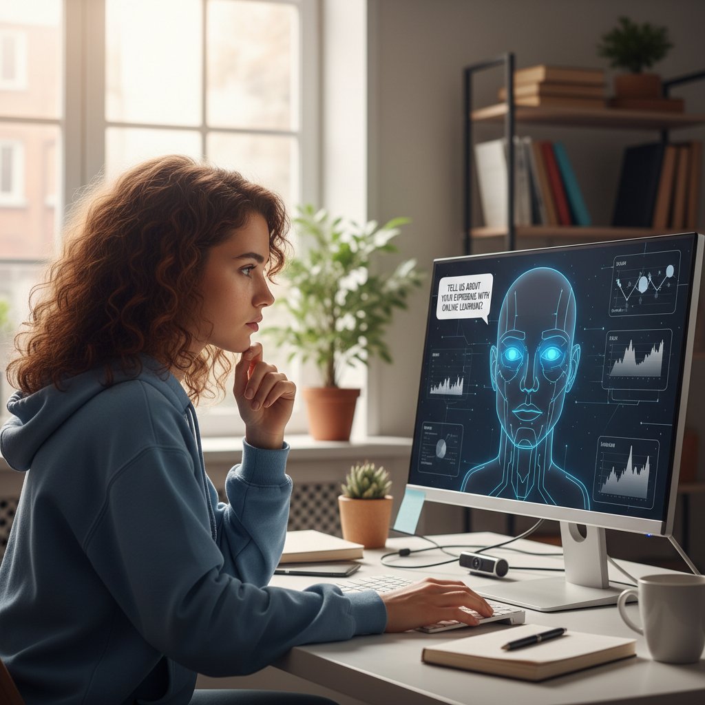 Ekran komputera z dynamiczną sesją wywiadu online prowadzoną przez AI, uczeń odpowiada na pytania – nowoczesne technologie w edukacji online