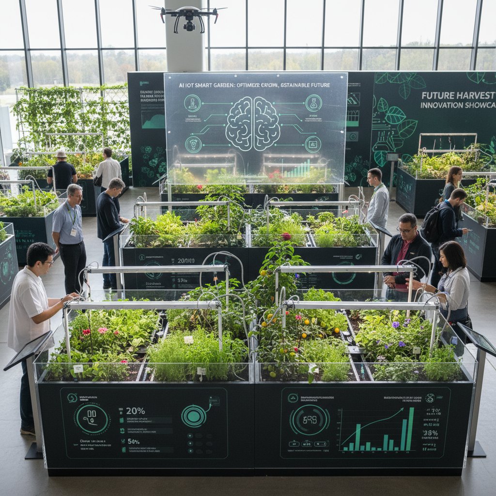 Zaawansowana instalacja z AI i czujnikami IoT w nowoczesnym ogrodzie pokazowym