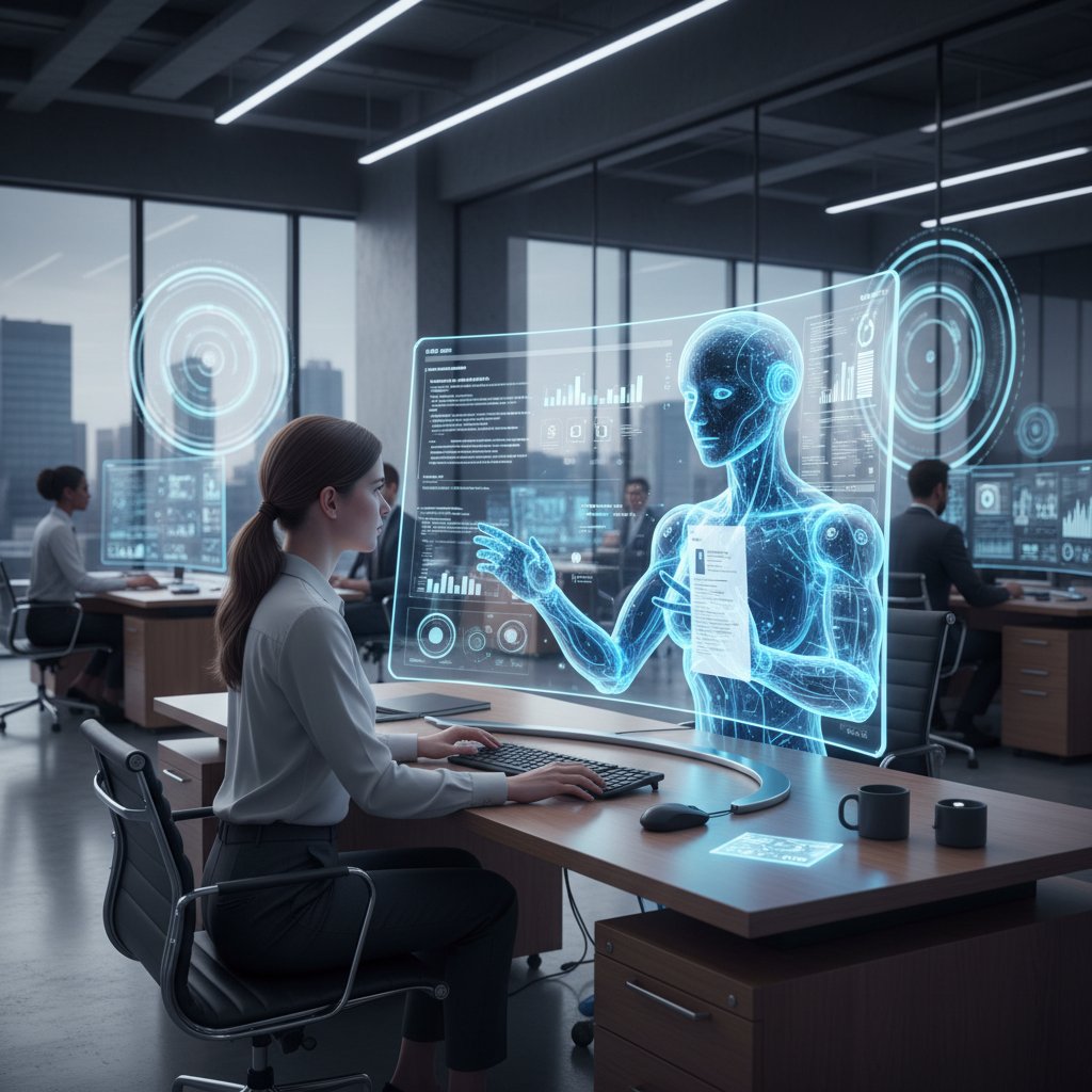 Nowoczesne biuro, rekruterzy korzystający z AI podczas oceny kandydatów, monitor z analizą danych