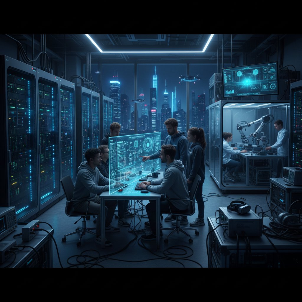 Laboratorium badawcze AI, zespół programistów testuje nowy model, zaawansowany sprzęt