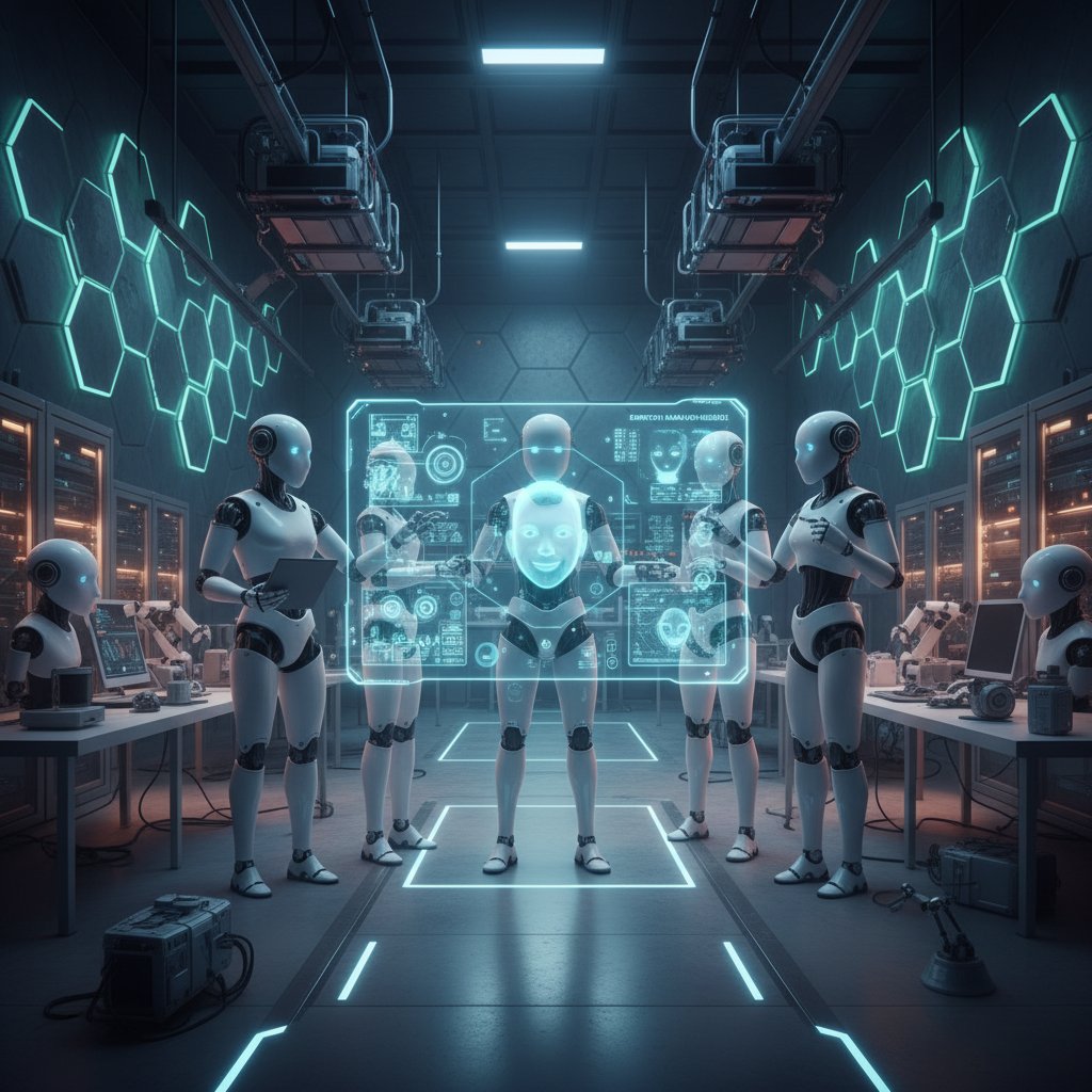 Nowoczesne laboratorium AI, ekrany z analizą emocji, roboty i ludzie współpracujący