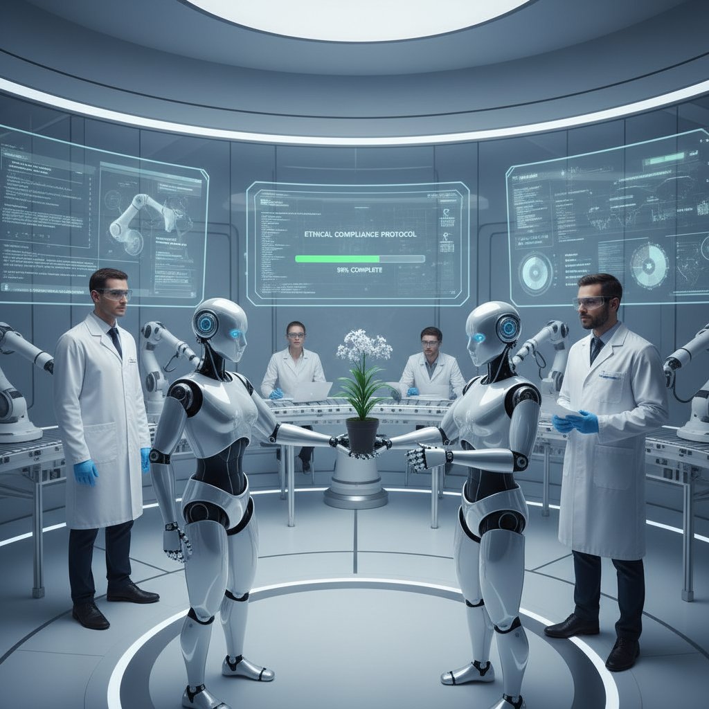 Laboratorium AI podczas eksperymentu etycznego, naukowcy i roboty przy komputerach