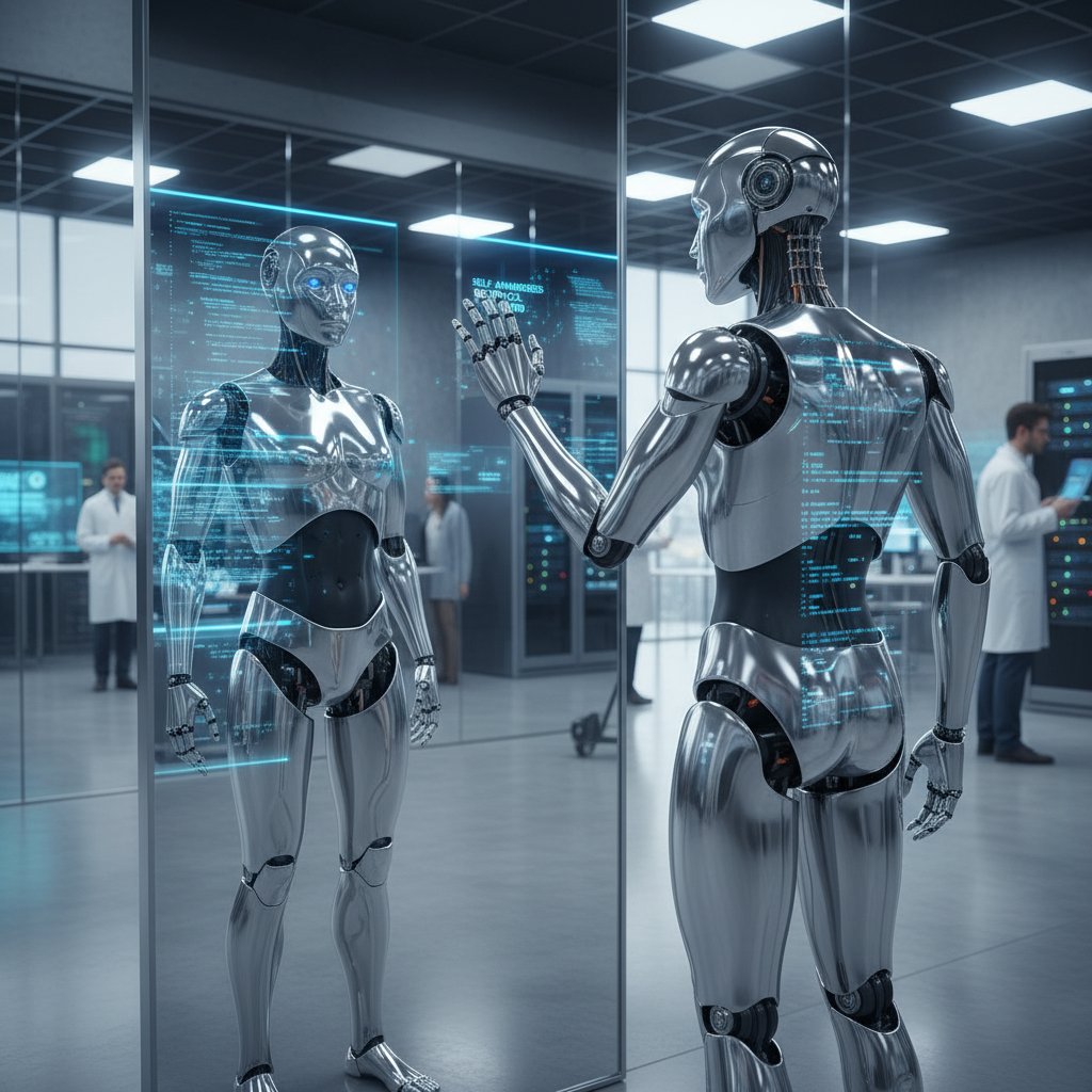 Laboratorium badawcze, humanoidalny robot patrzący w lustro. Tematyka: świadomość maszyn, AI a emocje