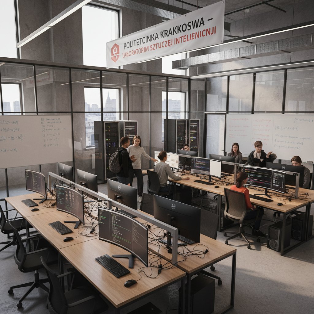 Nowoczesne laboratorium AI na polskiej uczelni z zespołem badaczy przy komputerach