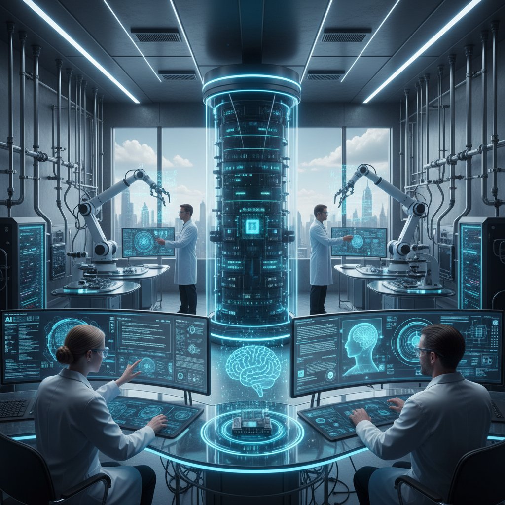 Laboratorium AI w stylu filmowym, naukowcy testujący zaawansowane maszyny, symbolizujące przełomowe momenty