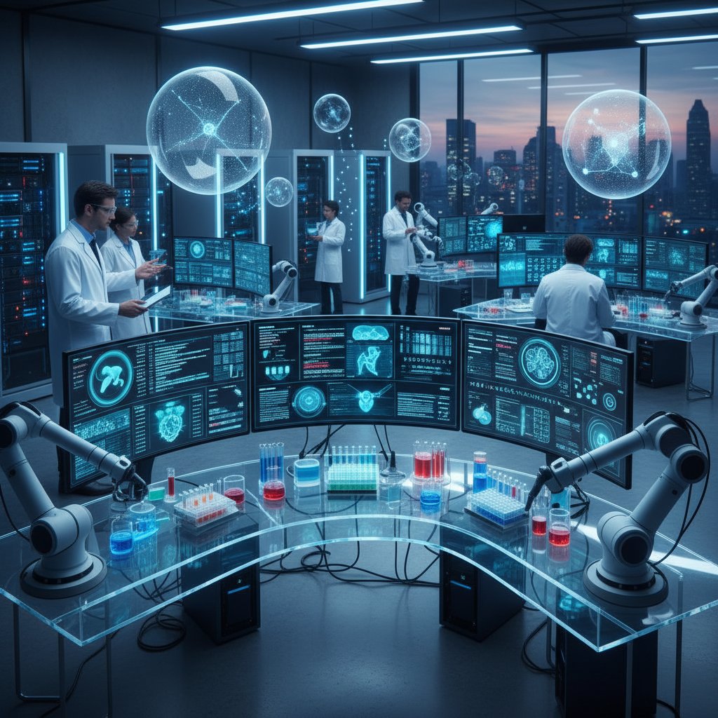 Nowoczesne laboratorium, komputer analizujący wyniki badań, symbol AI