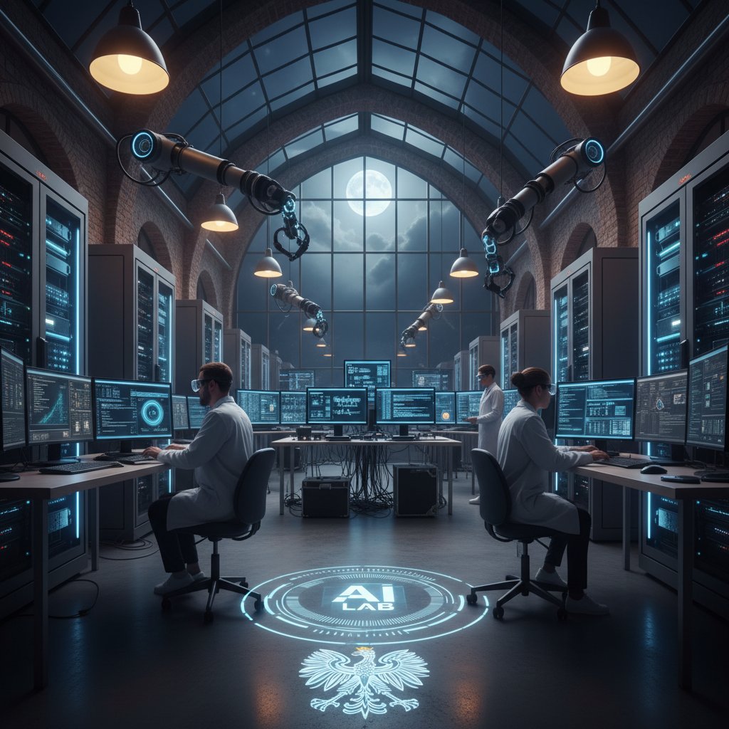 Laboratorium AI w Polsce oświetlone dramatycznym światłem, wyrażające napięcie i innowacyjność polskiej sceny sztucznej inteligencji