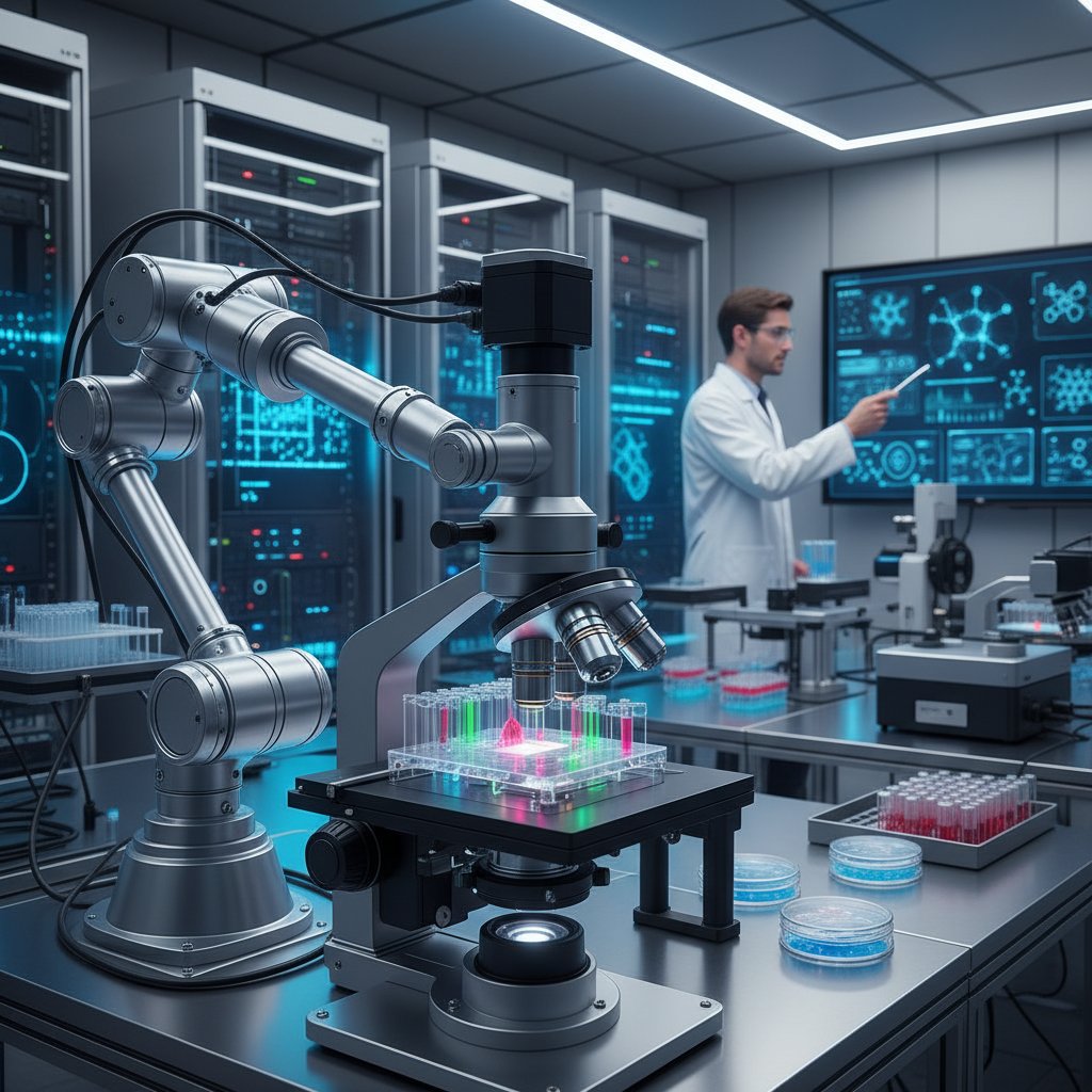Nowoczesne laboratorium z systemem AI analizującym próbki, technologia przyszłości