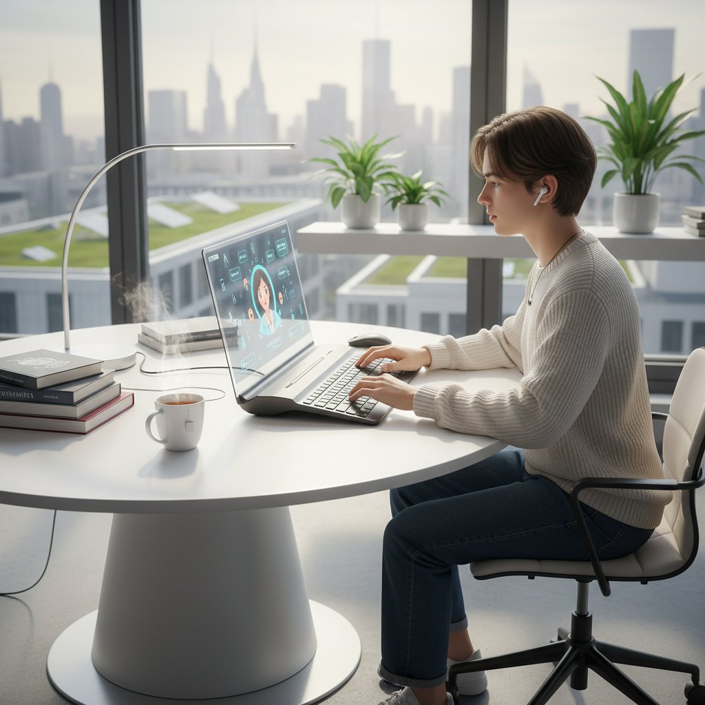 Osoba korzystająca z nowoczesnej platformy do nauki języków, otoczona elementami AI