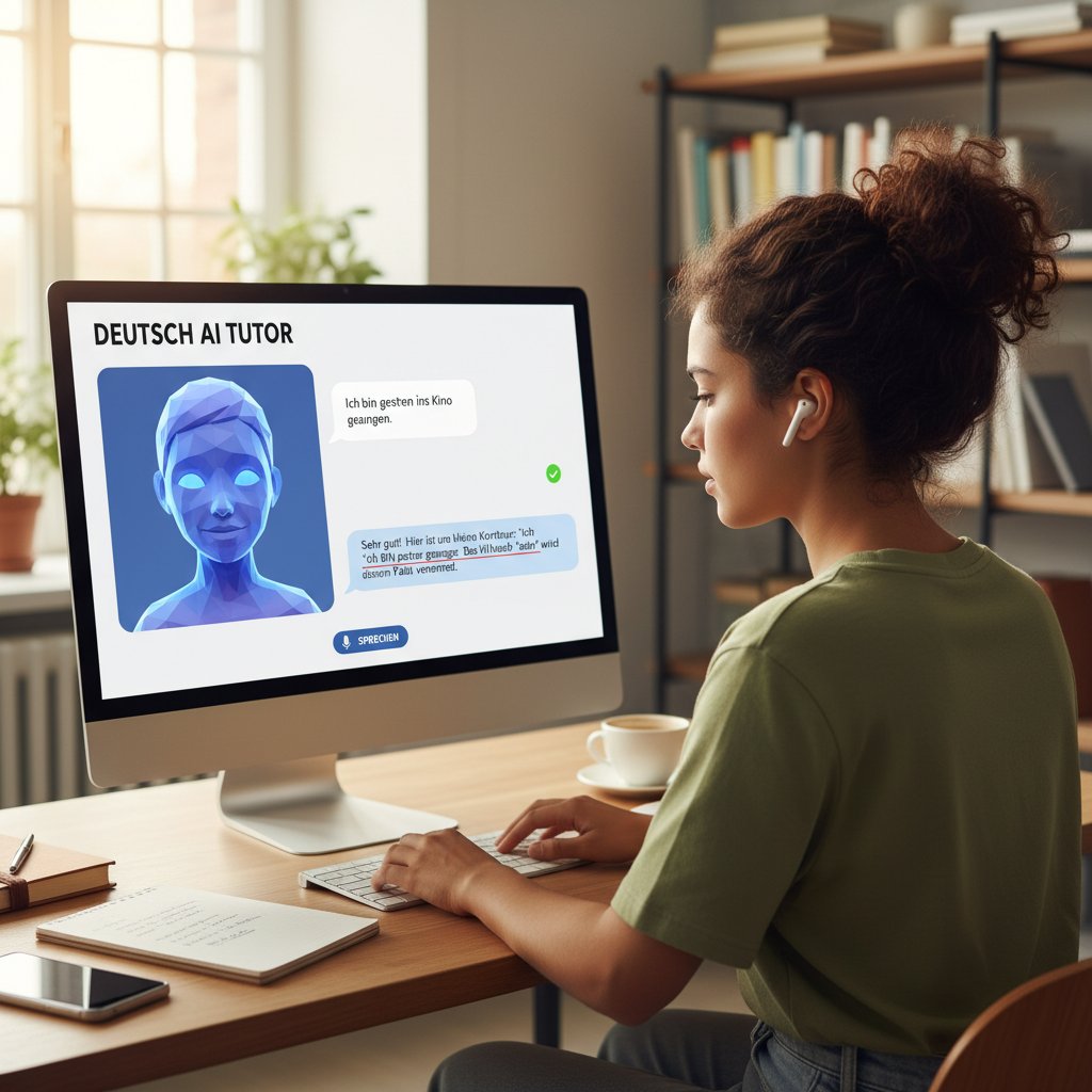 Osoba korzysta z aplikacji AI podczas rozmowy online po niemiecku, na ekranie podpowiedzi i korekta błędów