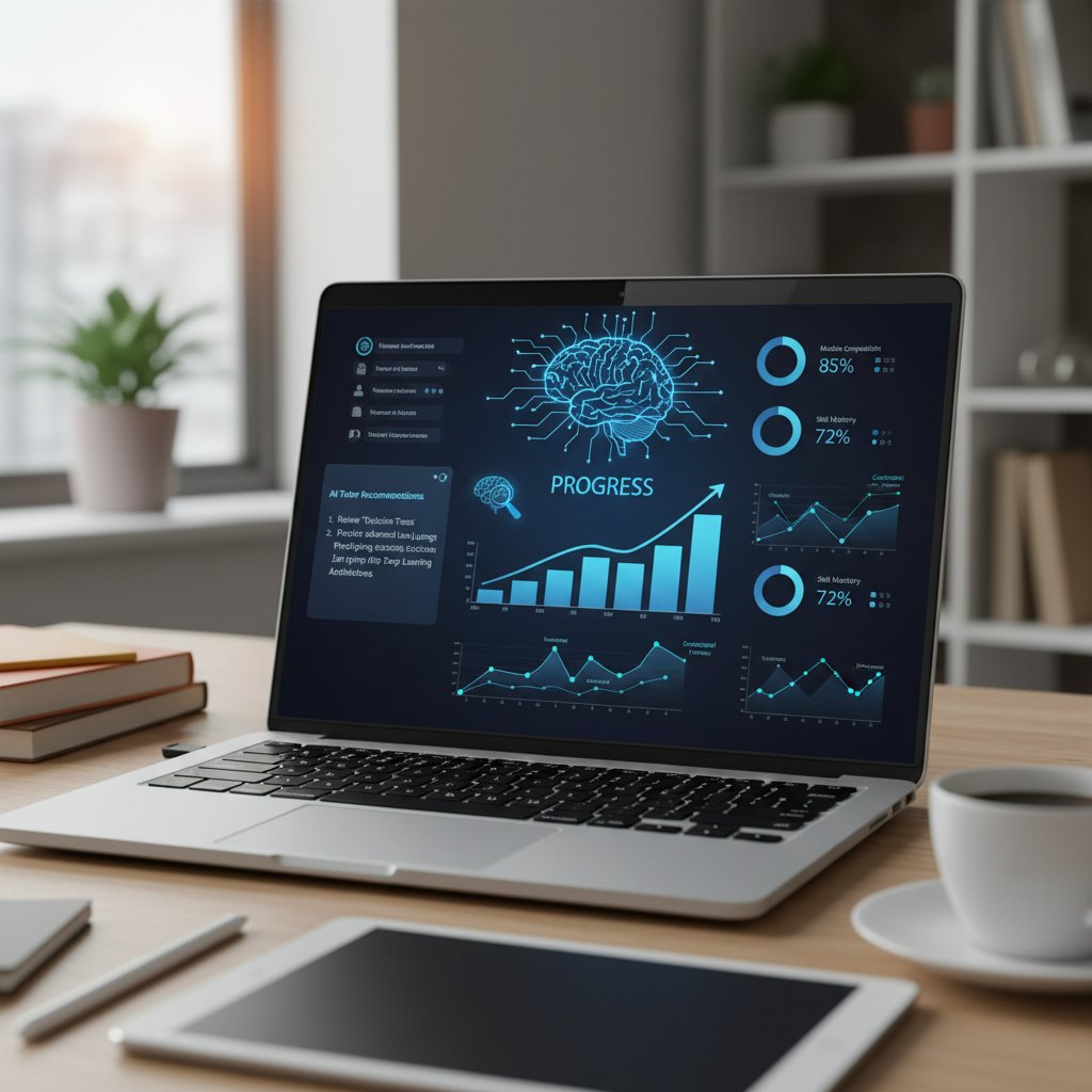 Nowoczesny interfejs aplikacji AI do nauki na ekranie laptopa, osoba analizująca postępy