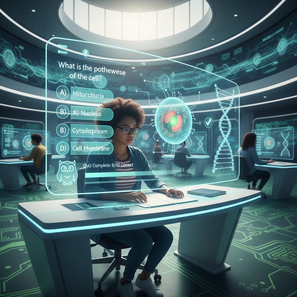 Uczeń korzystający z platformy AI do nauki biologii, ekran z interaktywnymi quizami, atmosfera nowoczesności