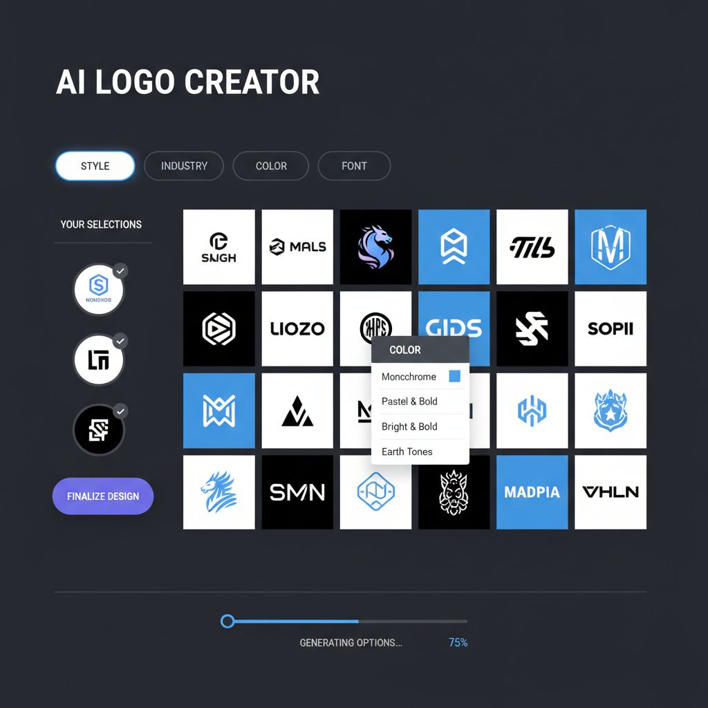 Użytkownik wybierający logo na ekranie, AI generuje różne warianty