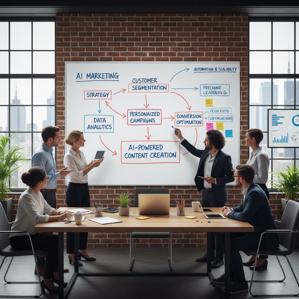 Schemat automatycznej kampanii marketingowej na tablicy w biurze, z widocznymi workflow i triggerami