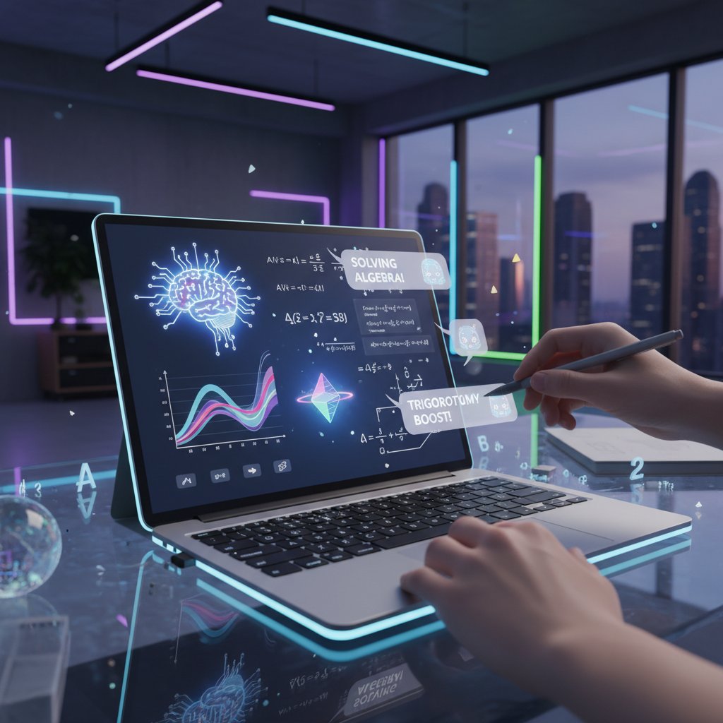 Zbliżenie na ekran laptopa z asystentem AI do matematyki, dynamiczny interfejs, nowoczesne wnętrze, żywy klimat edukacyjny