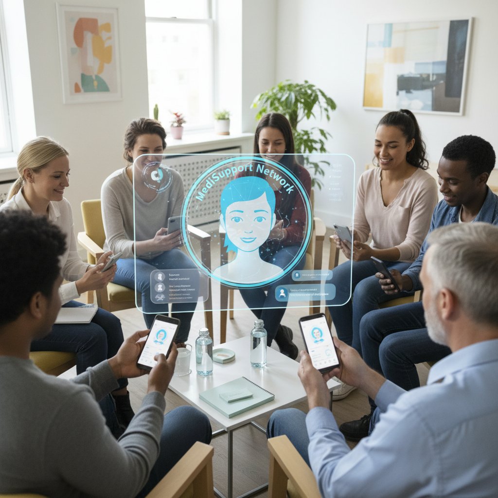 Osoba korzystająca z aplikacji medycznej AI na smartfonie podczas spotkania grupy