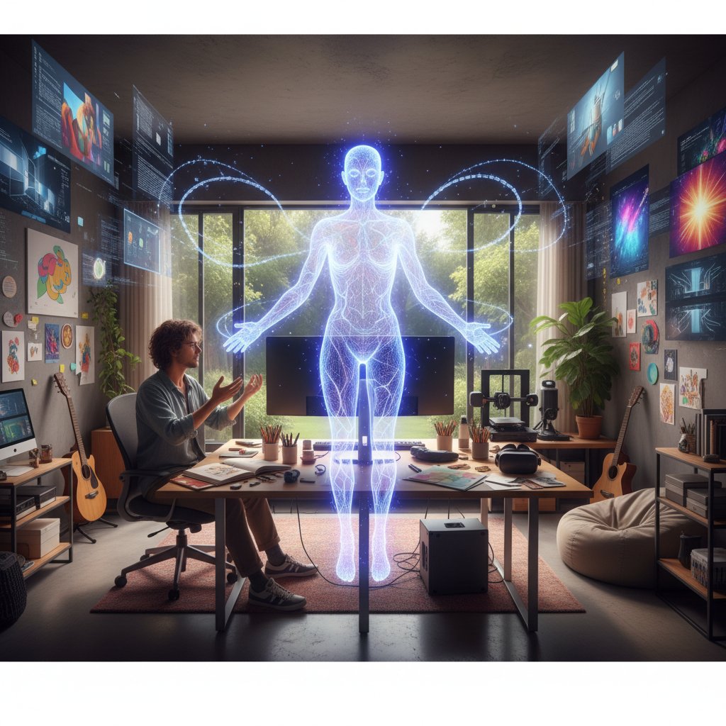 Użytkownik rozmawiający z wirtualnym mentorem AI w domowym biurze, symbolizującym swobodę wyboru i alternatywność