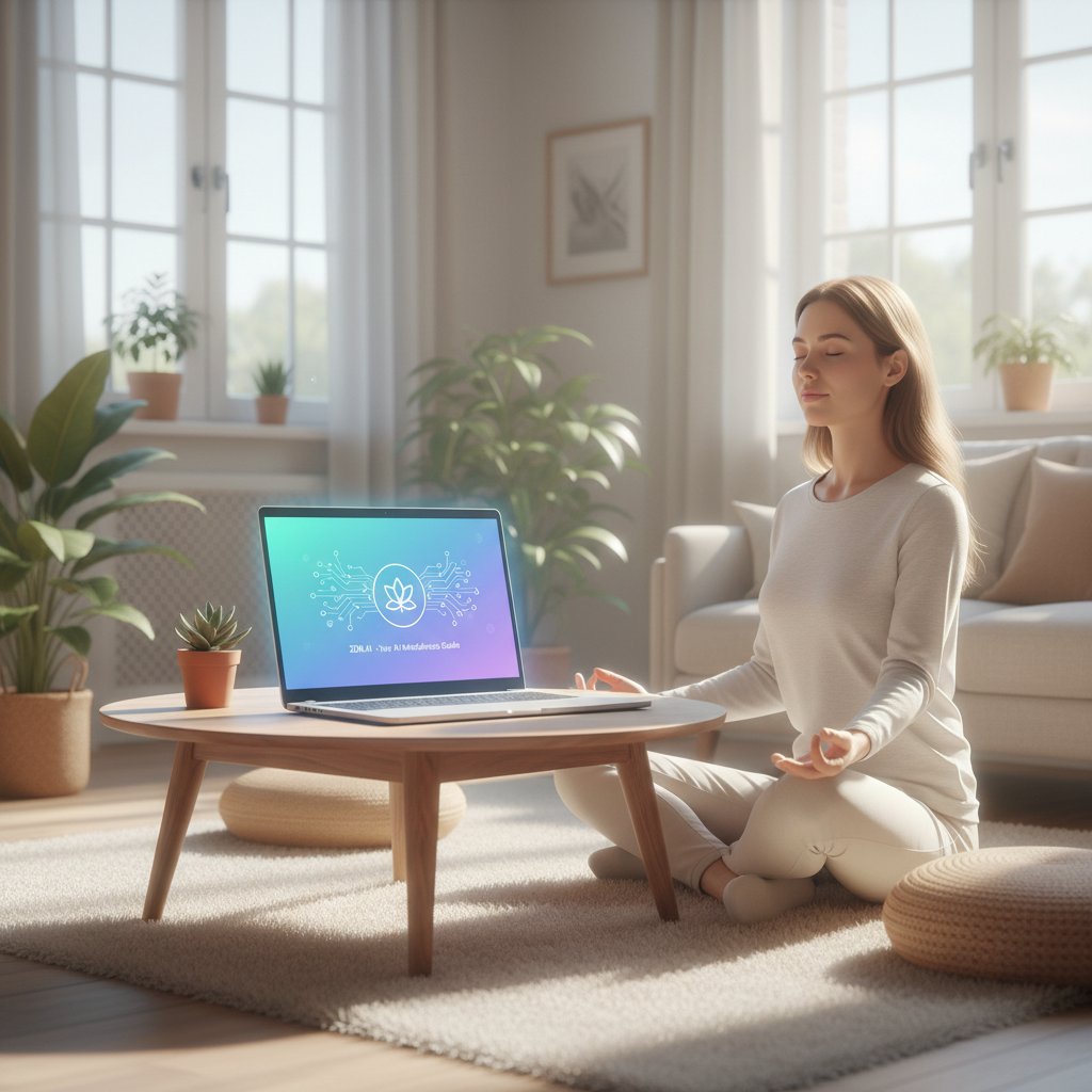 Ekran laptopa z interfejsem nowoczesnej aplikacji mindfulness, osoba zrelaksowana przed ekranem