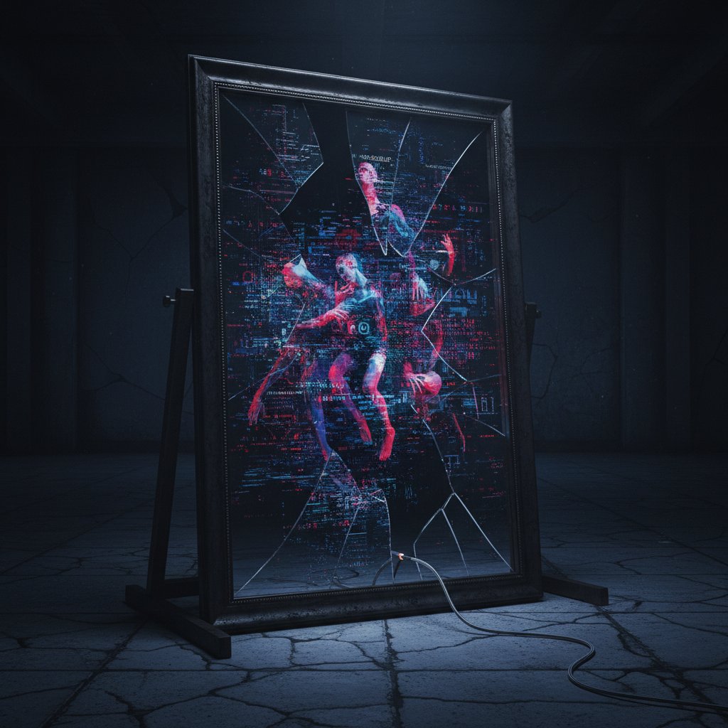 An AI mirror reflecting distorted data, symbolic of bias in artificial intelligence models, dark color scheme, moody