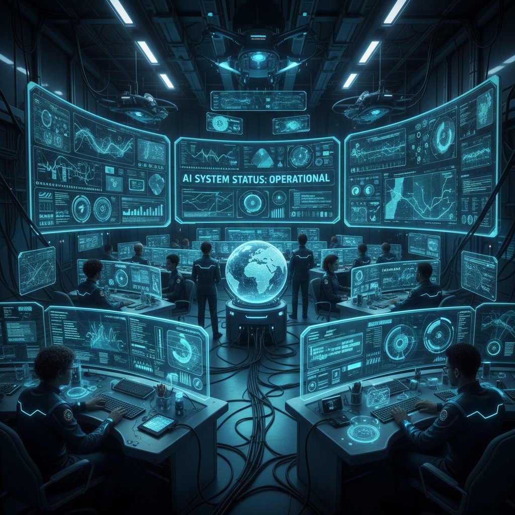 Nowoczesne centrum monitoringu AI z zespołem ludzi i ekranami prezentującymi statusy systemu