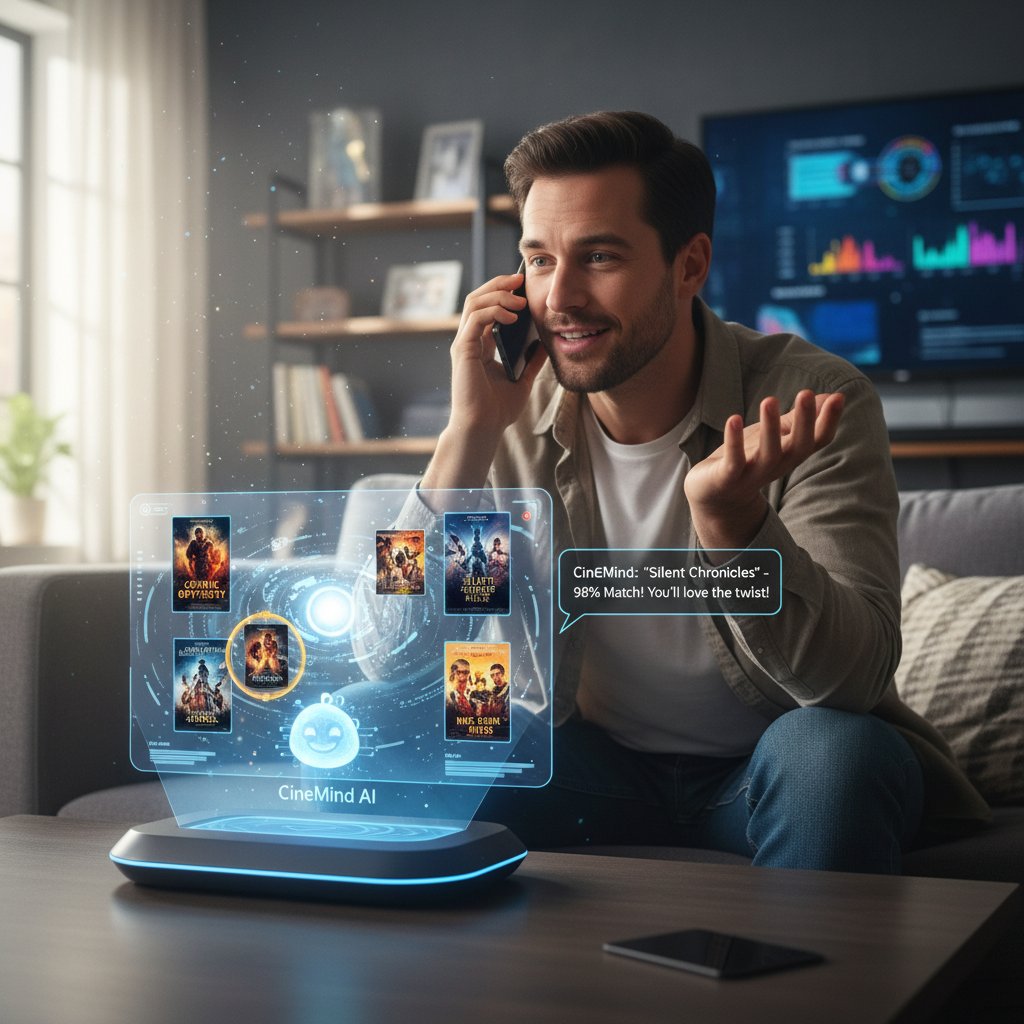 A person using an AI movie assistant on their phone, feeling empowered to discover new trending films