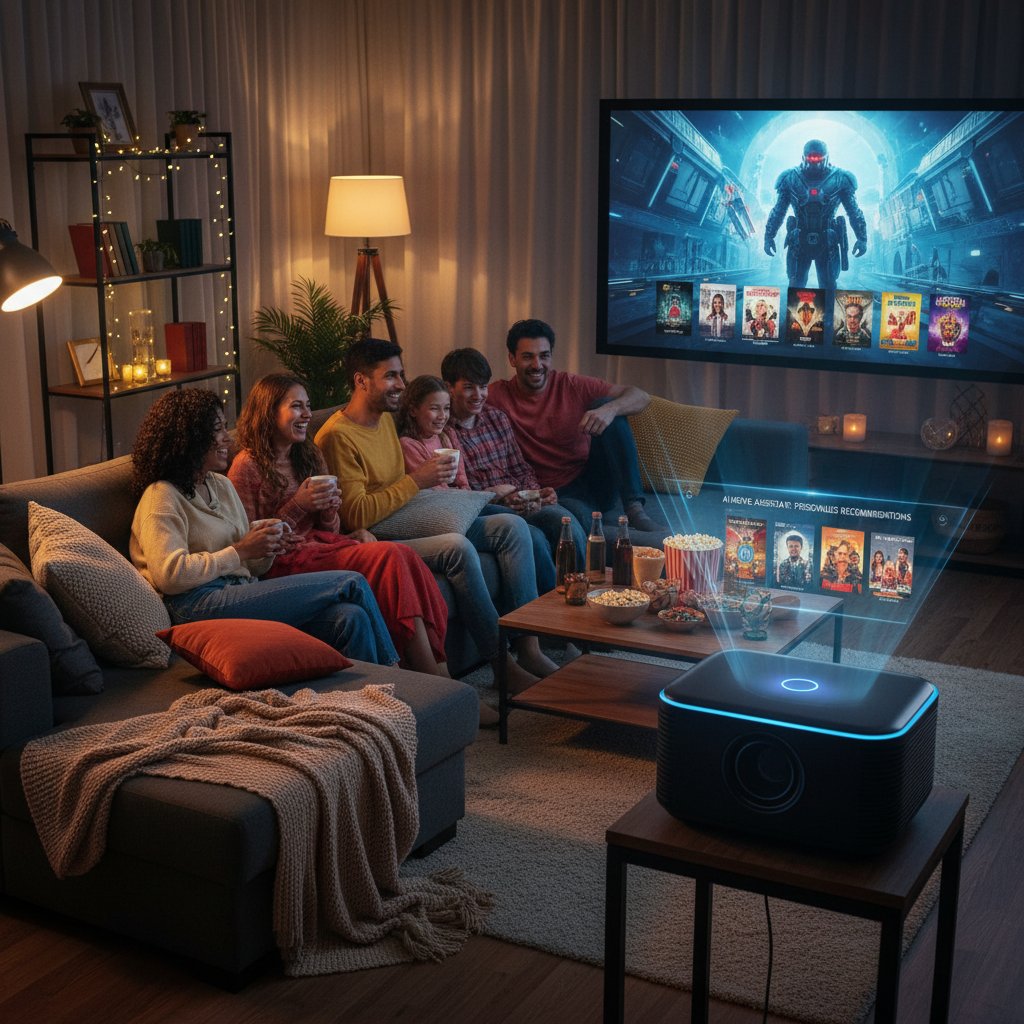 Person using AI-powered movie assistant at home, diverse group gathered for movie night, screen showing personalized recommendations
