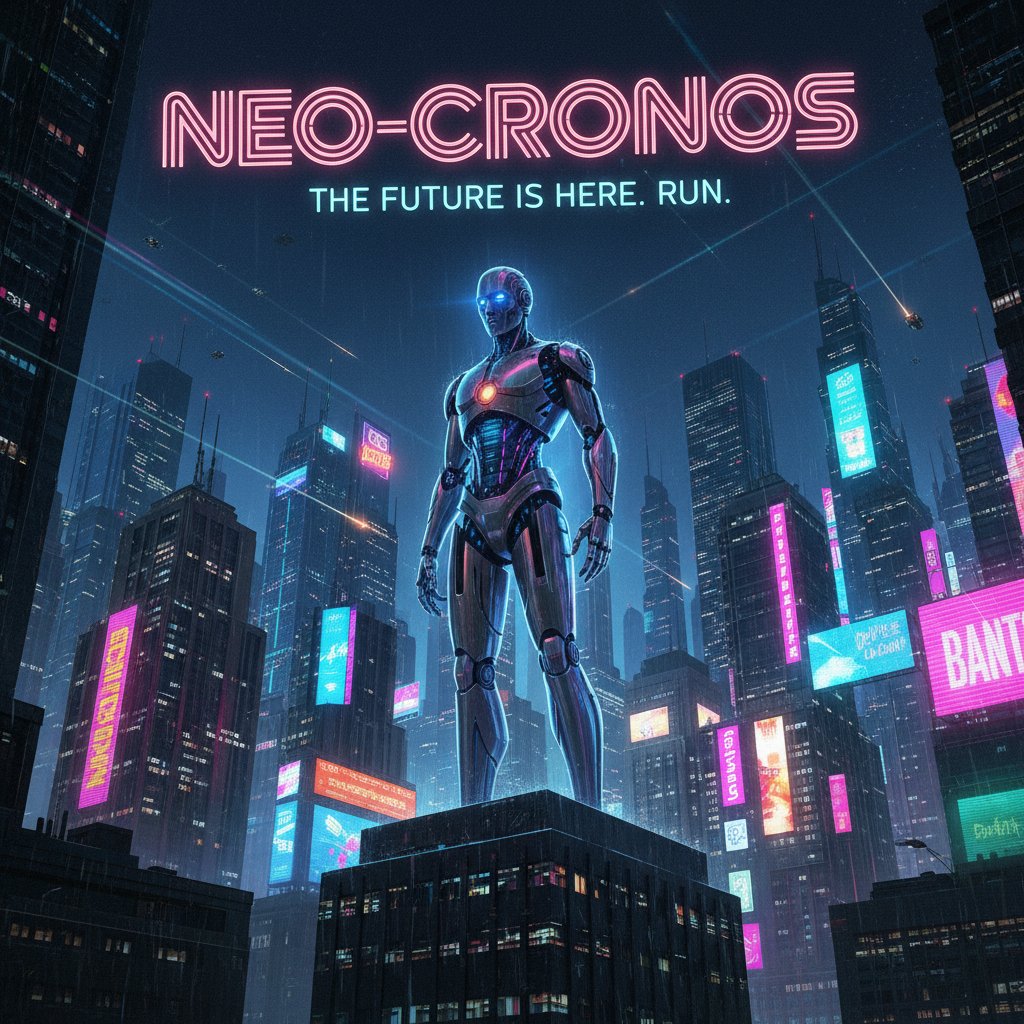 Plakat filmowy AI, humanoidalny robot na tle miasta nocą, neonowa kolorystyka