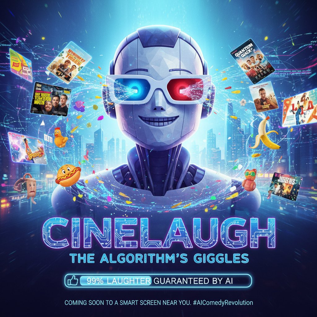 AI interface overlaying comedy movie posters, digital glow, modern workspace, innovation mood