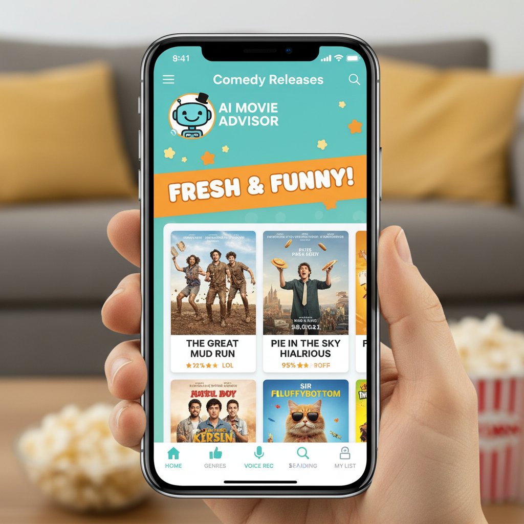 AI-powered movie recommendation app showing comedy releases