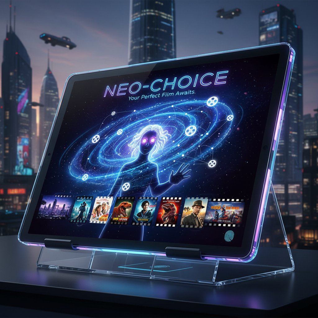 Person using AI-powered movie recommendation platform on a sleek tablet, surrounded by movie posters