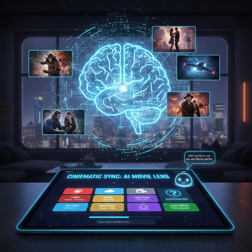 A close-up of a user interacting with an AI-powered movie recommendation interface, highlighting how AI deciphers movie themes