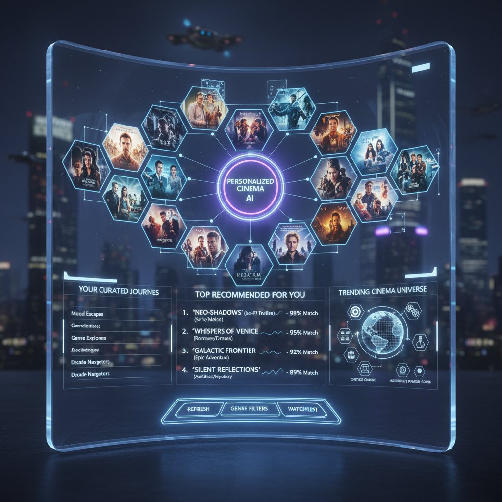 AI-powered movie recommendation dashboard, futuristic interface showing personalized movie suggestions